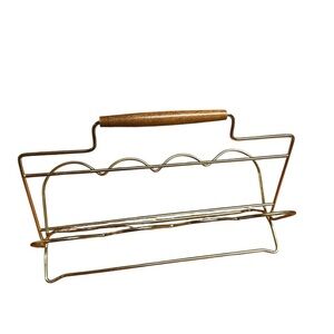 Vintage Wire MCM Wooden Handle, Brass Glass Caddy for Eight Glasses Collapsible